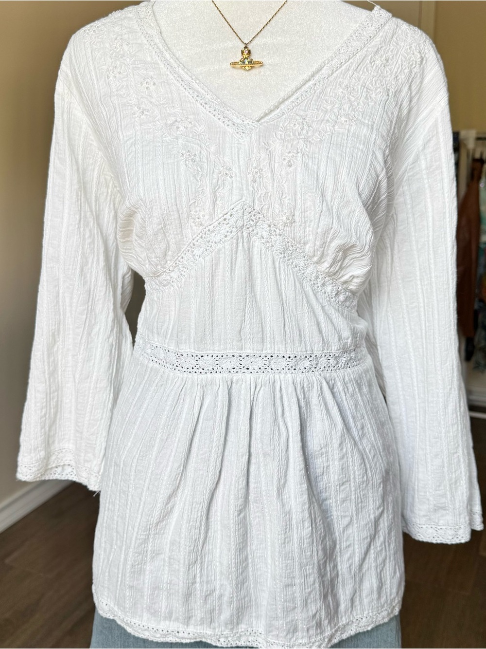 Faded Glory White Lace-Trim V-Neck Boho Beaded Peasant Women’s XL Fall Blouse